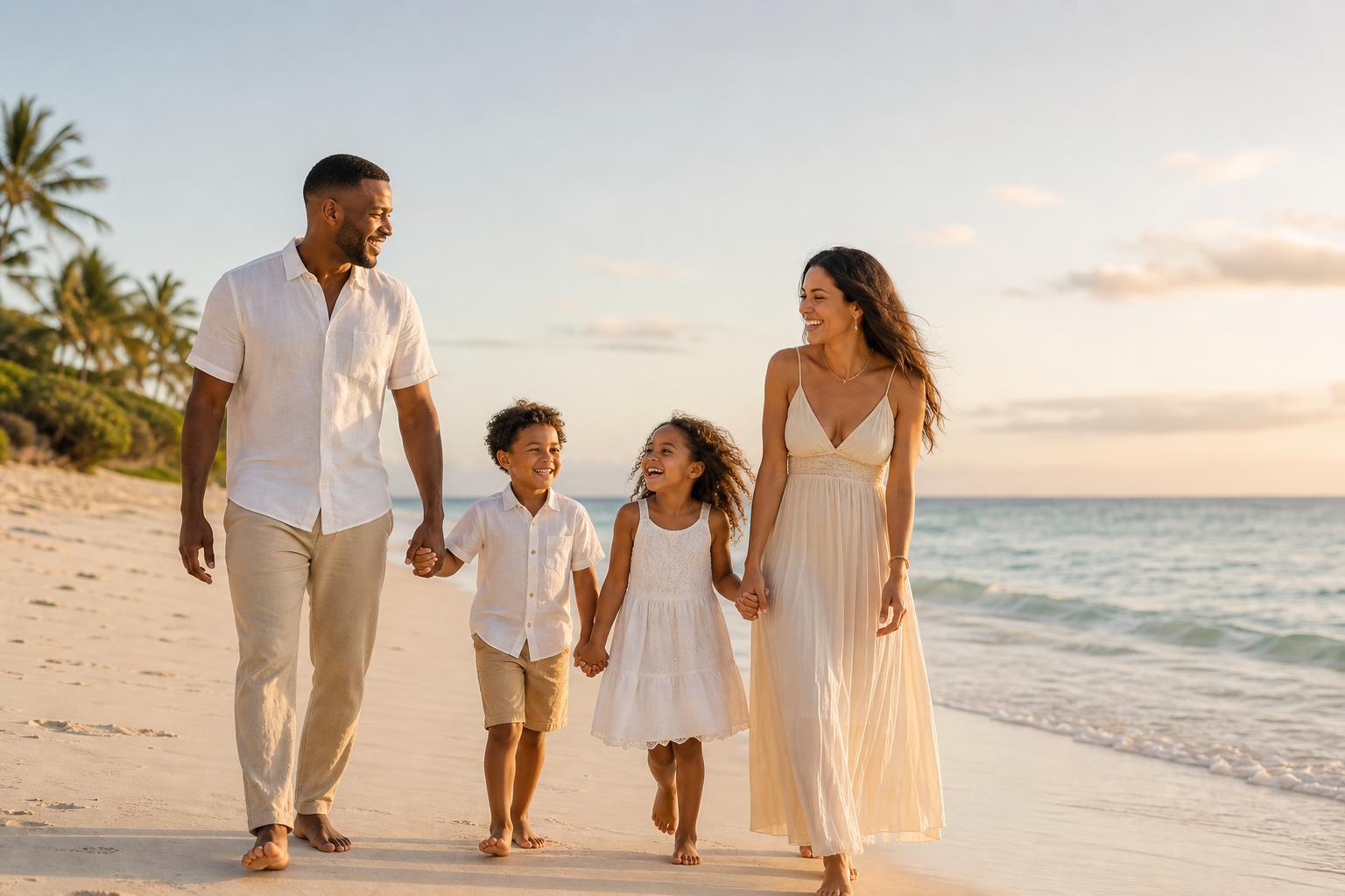 A Black father and Hispanic mother walking hand-in-hand with their two mixed-race children along a pristine beach at golden hour
